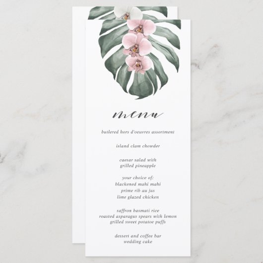 Orchidées roses sur Monstera Tropical Mariage Menu (Devant / Derrière)