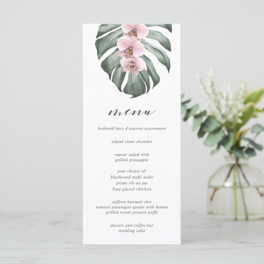 Orchidées roses sur Monstera Tropical Mariage Menu (Debout devant)