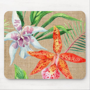 Orchidées sur le tapis de souris de toile de jute