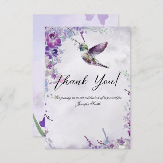 Orchidées violettes Carte de remerciements colibri (Devant / Derrière)