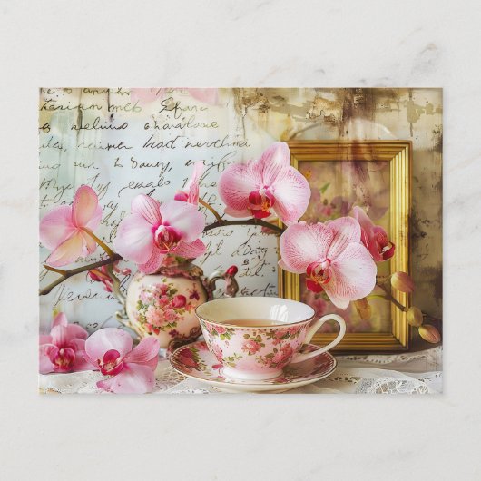 Orchids alongside a teacup and picture frame briefkaart (Voorkant)