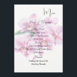 Orchids Menu Card<br><div class="desc">This Menu Card template is shown on the basic paper in white with a lovely pink orchid print design. Script and standard text are in a black color. Customize the names and menu items by clicking the customize or edit button, use the offered templates to change to your information. Licensed...</div>