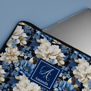 Ordinateur Portable Fleurs Bleu Nuit Opulentes Élégante Housse pour Or