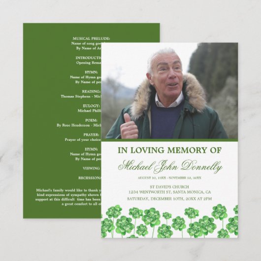 Ordre du service Programme de funérailles du trèfl (Devant / Derrière)