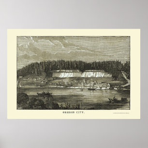 Oregon City, OF Panoramische Kaart - 1850 Poster