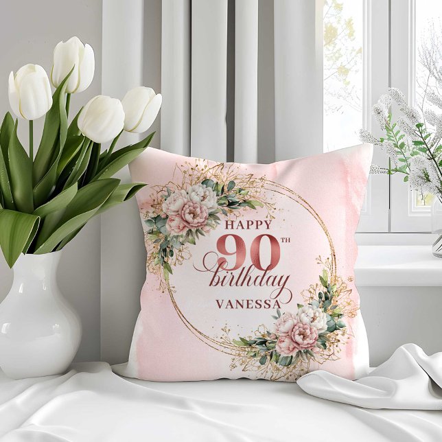 Oreiller 90e anniversaire Boho Rose Gold Eucalyptu (Boho Rose Gold Eucalyptus 90th Birthday Pillow)