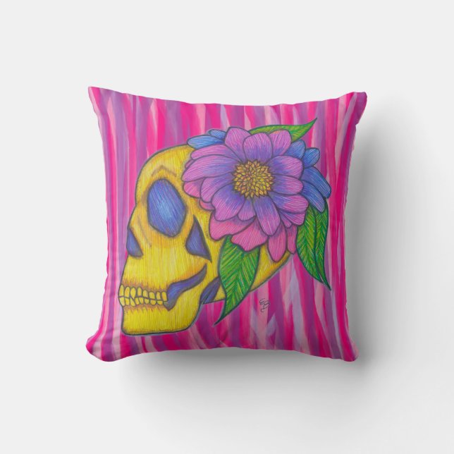 Oreiller à impression de crâne avec jaune rose vio (Recto)