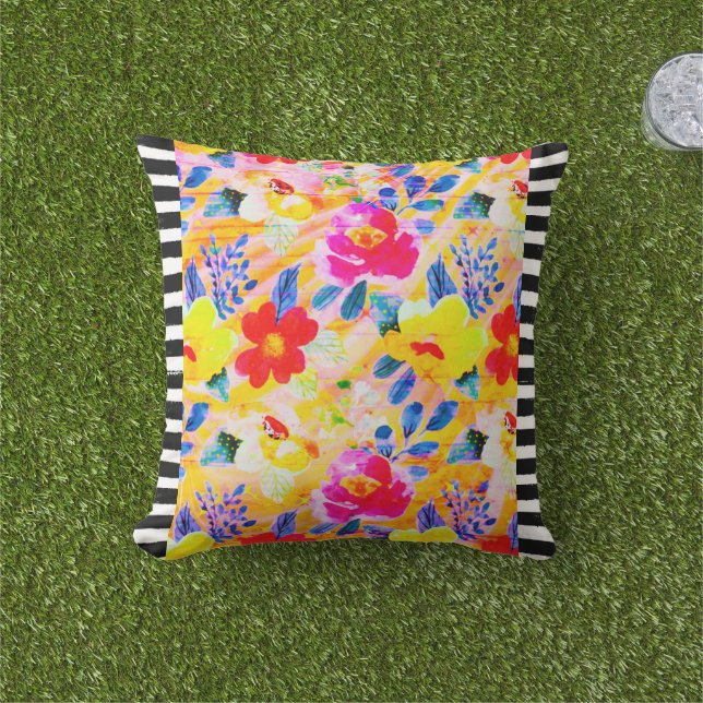 Oreiller à lancer à rayures florales orange (Herbe)