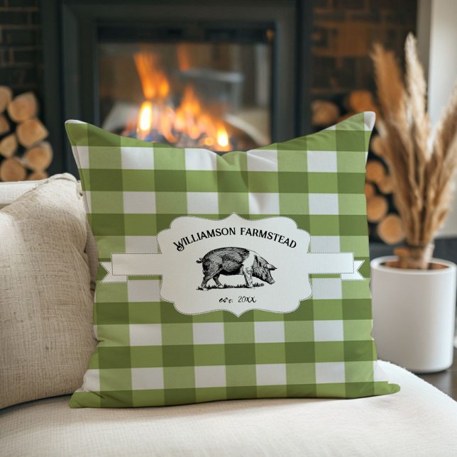Oreiller à lancer de cochon de ferme à Buffalo ver (Green Buffalo Plaid Farm Pig Throw Pillow)