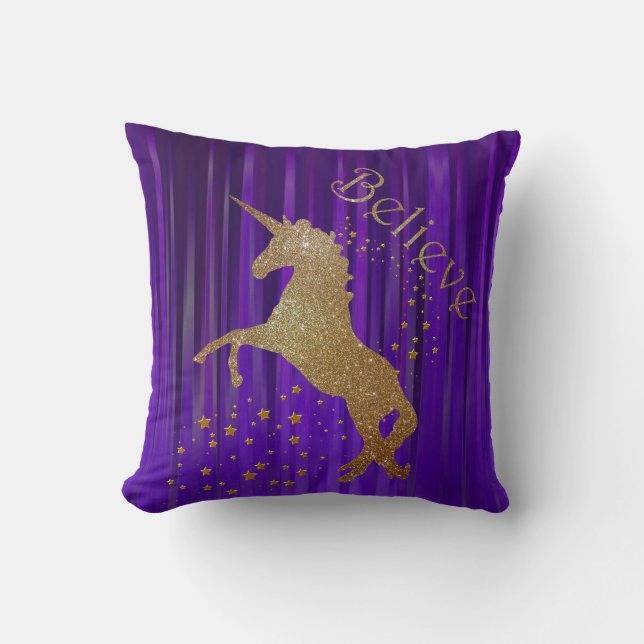 Oreiller à lancer de licorne violette et or (Recto)
