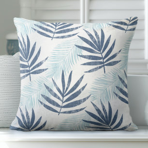 Oreiller à lancer en feuille de palme bleu et blan