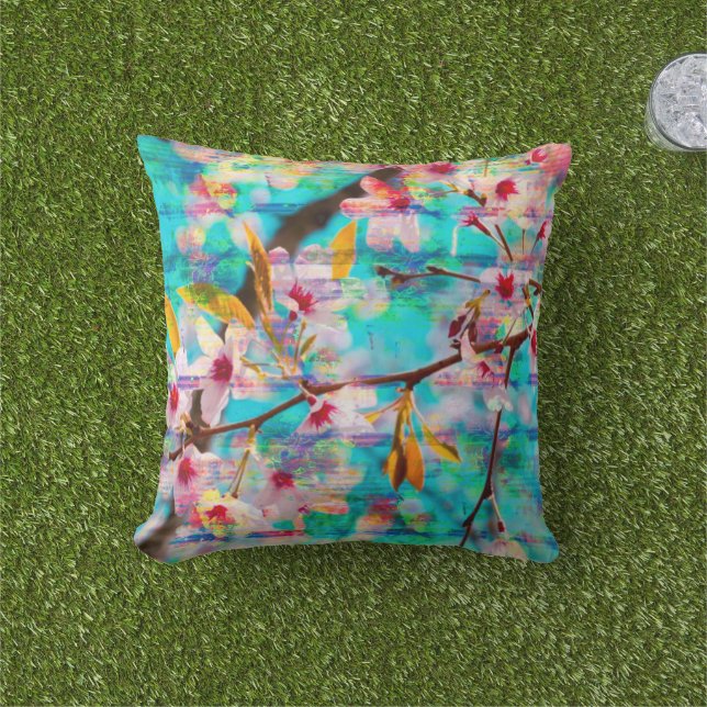 Oreiller à lancer en fleur de cerisier turquoise (Herbe)