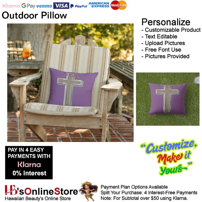 Oreiller à lancer extérieur avec Arrière - plan vi (Cross Outdoor Throw Pillow with Purple Background.)