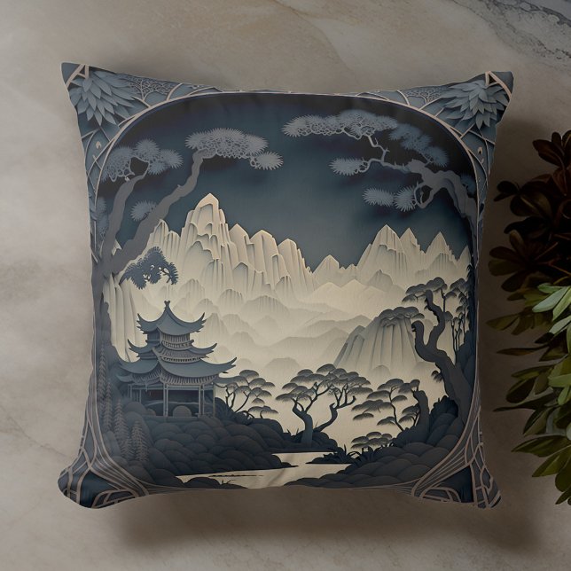 Oreiller à lancer gris 3D encadré chinois paysage (Cozy up with this beautiful pillow for ultimate comfort. )