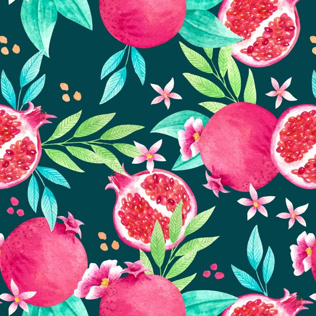Oreiller à lancer Motif de fruits (Seamless pattern with pomegranates, flowers and leaves on a dark background, watercolor style.)