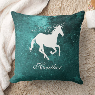 Oreiller à lancer personnalisé Unicorne turquoise