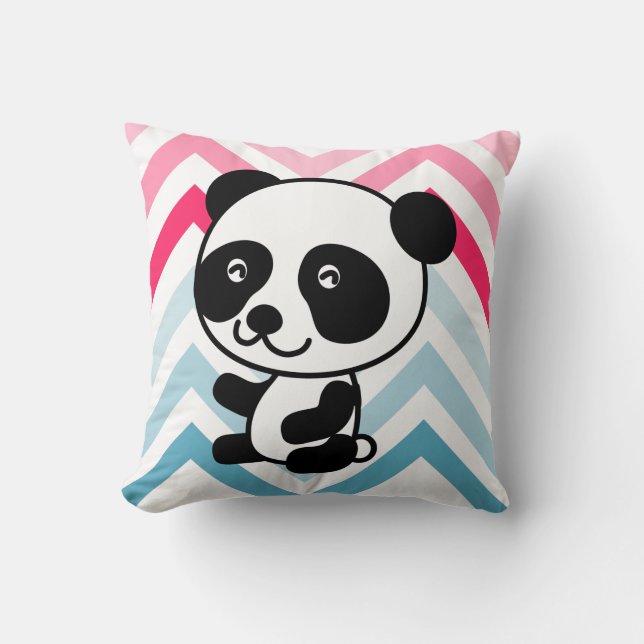 Oreiller à lancer rose et bleu Chevron Panda (Recto)