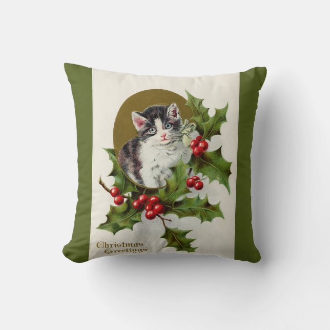 Oreiller à lancer vert Vintage Christmas Kitten (Recto)