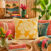 Oreiller à motif de fleur de plumeria jaune rétro