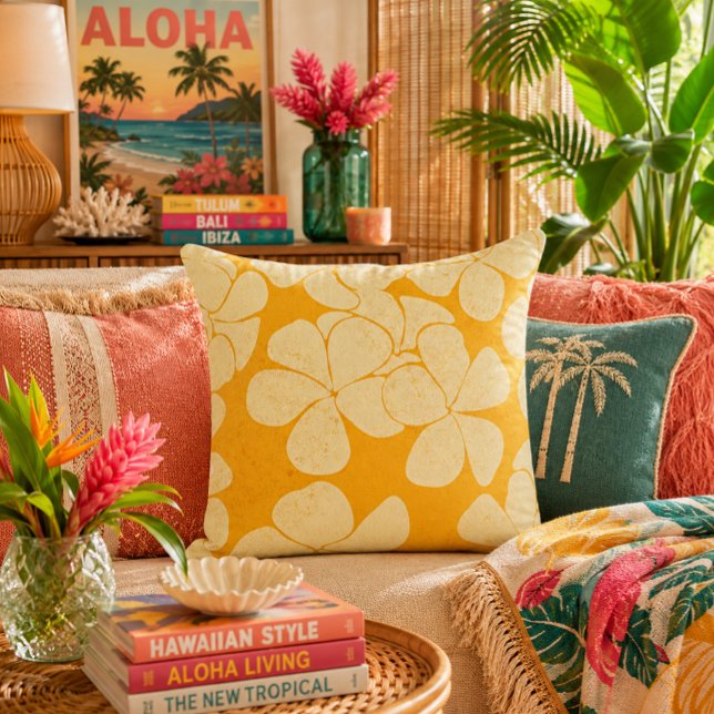 Oreiller à motif de fleur de plumeria jaune rétro (Créateur téléchargé)