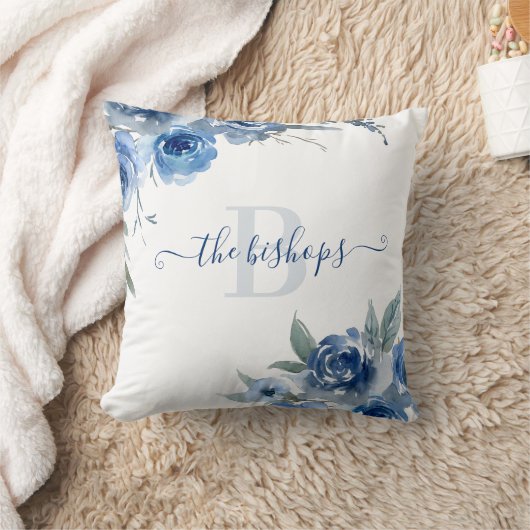 Oreiller à rose bleue aquarelle monogrammée (Couverture)