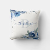 Oreiller à rose bleue aquarelle monogrammée (Recto)