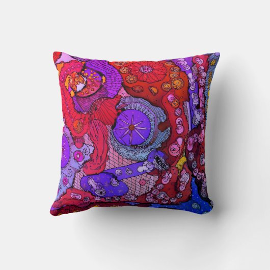 Oreiller abstrait fuchsia vif, orange et bleu (Verso)