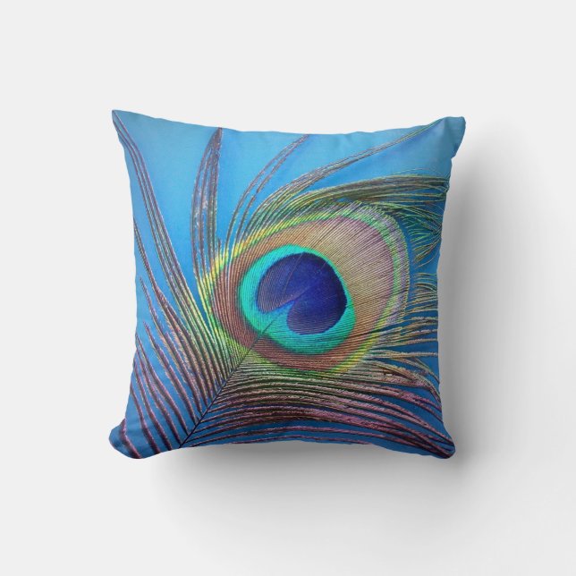 Oreiller accentué bleu avec plume de paon (Recto)
