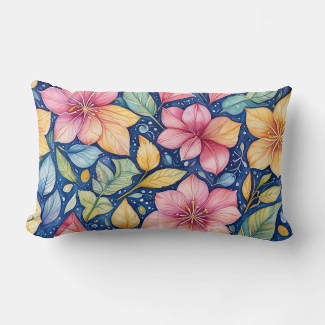 Oreiller avec fond bleu avec feuilles et fleurs (Recto)