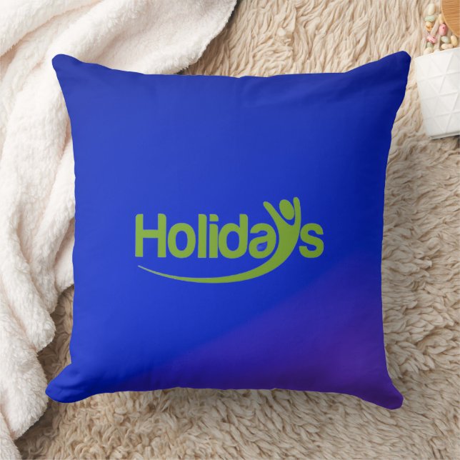 Oreiller bleu avec texte vert "Vacances" (Couverture)