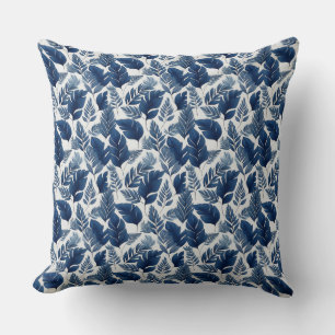 Oreiller botanique élégant bleu marine et blanc