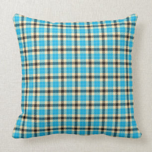 Oreiller carré à carreaux tartan turquoise et noir