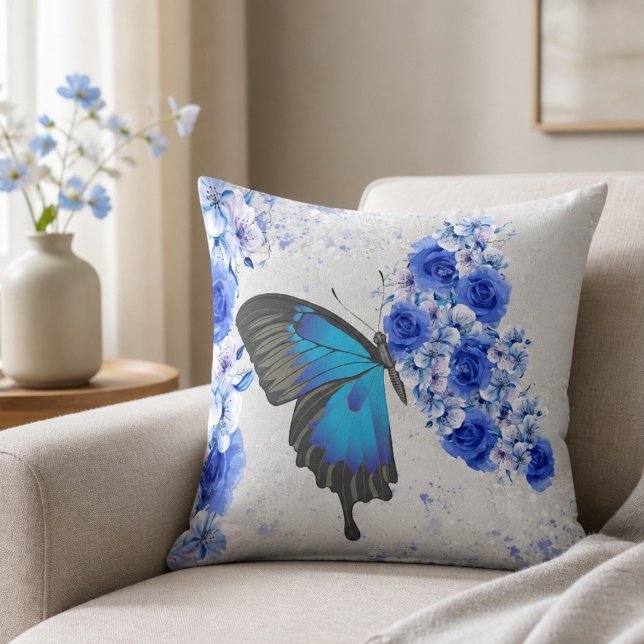 Oreiller carré papillon floral bleu (Créateur téléchargé)