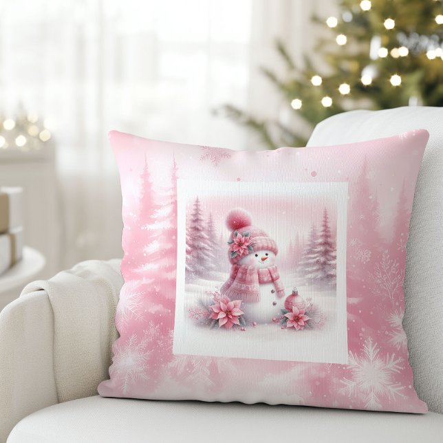 Oreiller Charmant Bonhomme de Neige Rose pour Déco (Charming Pink Snowman Pillow Winter Room Style)