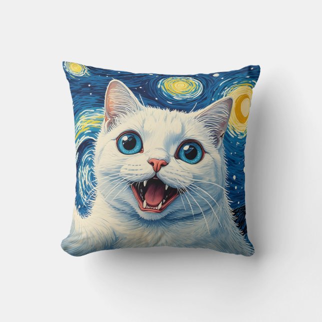 Oreiller Chat Blanc Nuit Étoilée Clair de Lune Rêv (Recto)