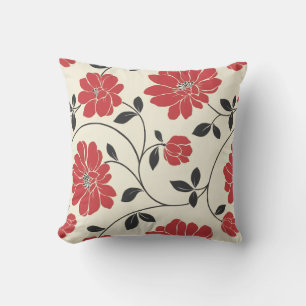 Oreiller d'accent floral botanique crème et rouge