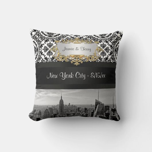 Oreiller damassé noir et blanc de la skyline de NY (Recto)