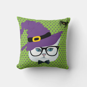 Oreiller de chat Halloween à pois violets et verts
