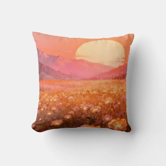 Oreiller de jet avec champ de fleurs au coucher du (Recto)