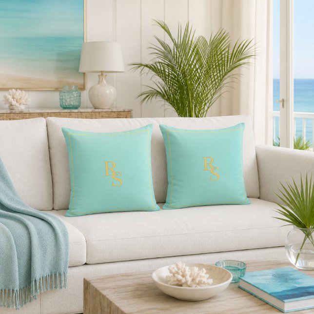 Oreiller de jet en bleu aqua doré avec monogramme (Stylish Modern Aqua Blue Monogrammed Decorative Pillow)