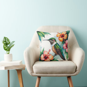 Oreiller de jet vintage colibri et hibiscus floral