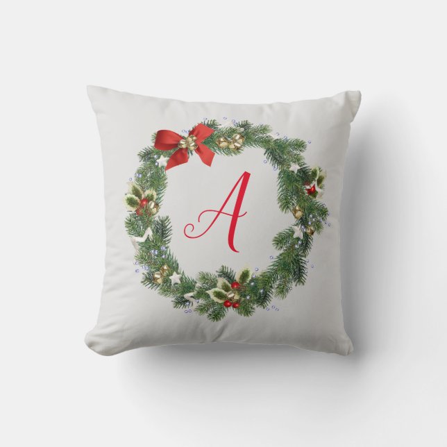Oreiller de jeté de couronne de Noël avec initiale (Recto)