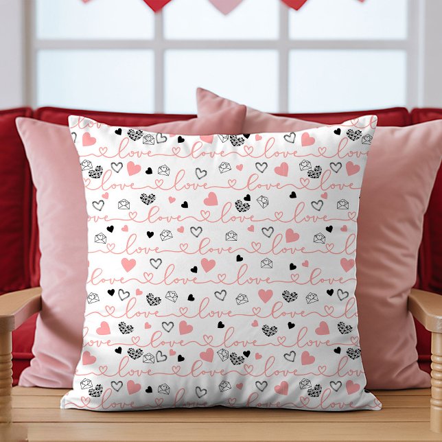 Oreiller de la Saint-Valentin Cœurs Rose Noir Croq (Valentine’s Day Pillow Pink Black Hearts Sketch Art)