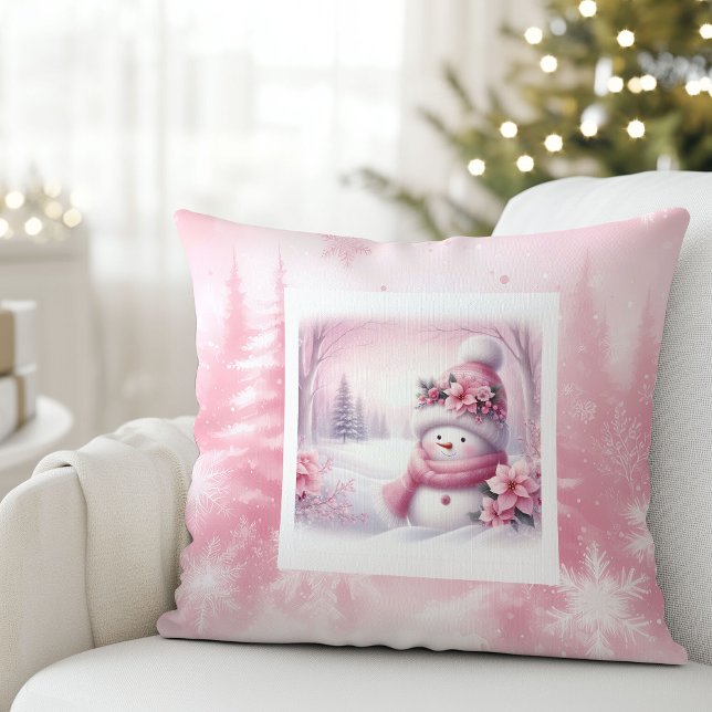 Oreiller de luxe pour chambre d'enfant avec scène  (Luxury Pink Snowman Winter Scene Kids Room Pillow

)