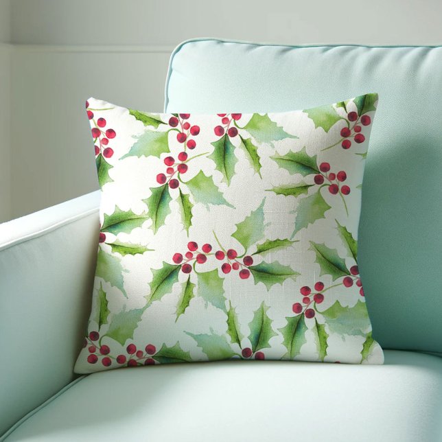 Oreiller de Noël Aquarelle Holly Berry (Christmas throw pillow watercolor red and green holly by Victoria Grigaliunas Do Tell A Belle)