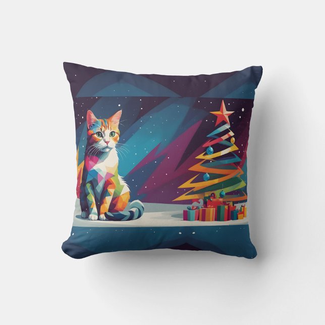 Oreiller de Noël Chat Géométrique (“Add a pop of color and holiday cheer with this geometric cat pillow!”)