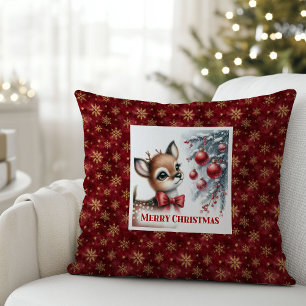 Oreiller de Noël élégant bébé cerf forêt enneigée 