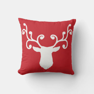 Oreiller de Noël rouge avec cerf blanc et bois