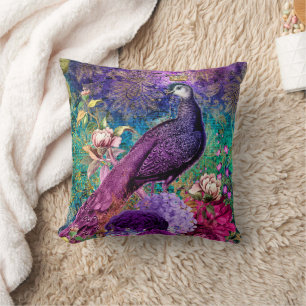 Oreiller décoratif fleur et paon violet sarcelle
