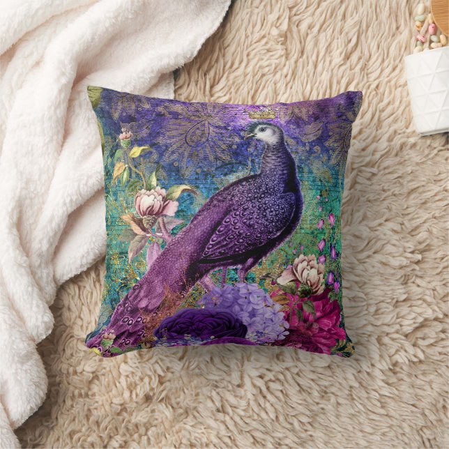 Oreiller décoratif fleur et paon violet sarcelle (Couverture)
